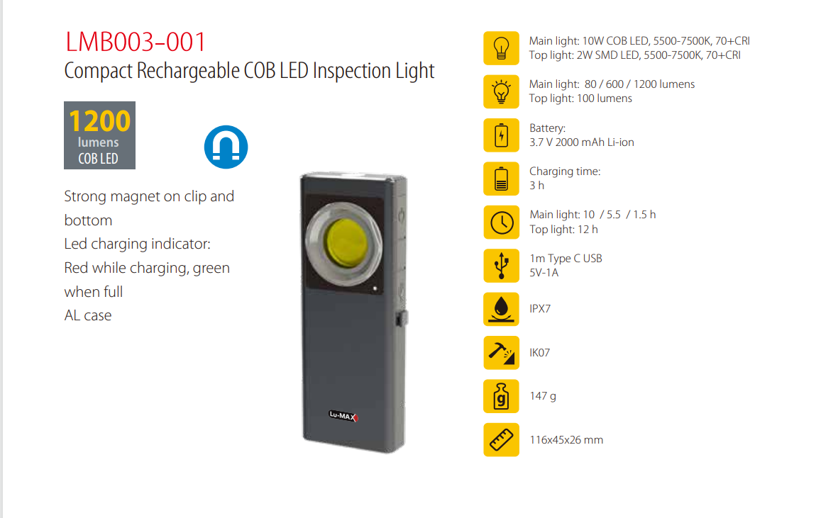 Compact Rechargeable COB LED Inspection Light
