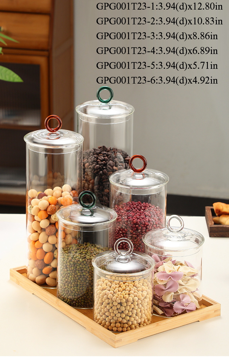 High borosilicate glass storage jar with glass lid with ring on lid