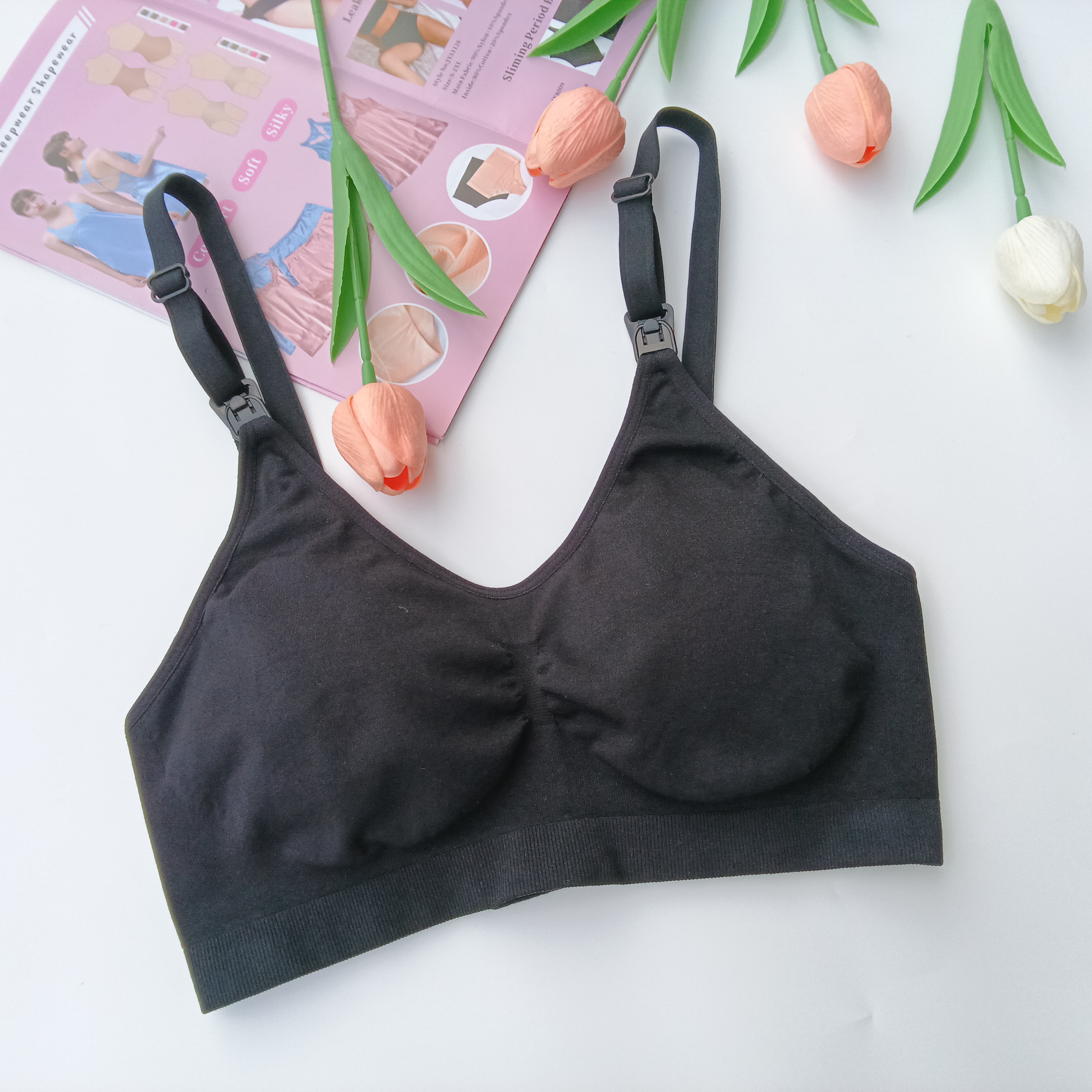 Women's nursing bra with front closure and no underwire