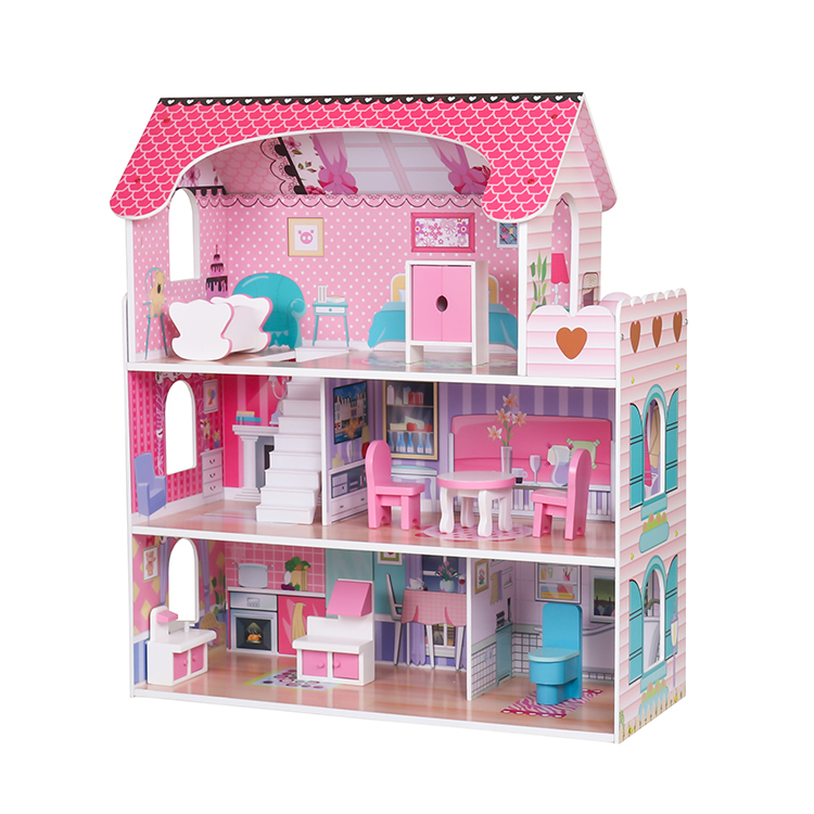 Wooden doll house toy with furniture