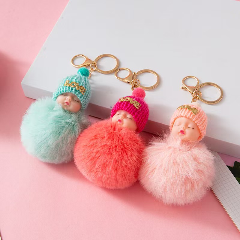 Cross border cartoon sleeping doll imitating otter rabbit furry ball keychain