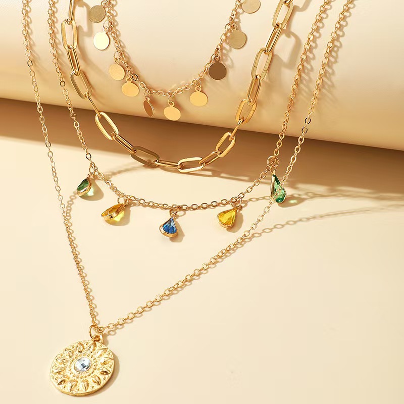 European and American new geometric circular tassel rhinestone necklace