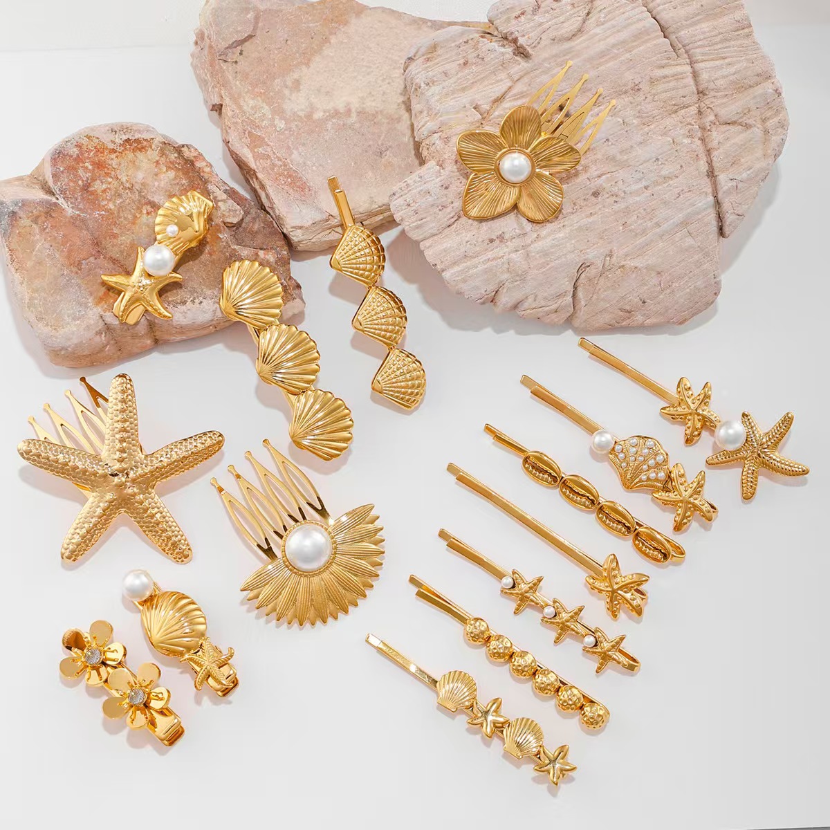 European and American fashion stainless steel golden starfish scallop hair clip for women