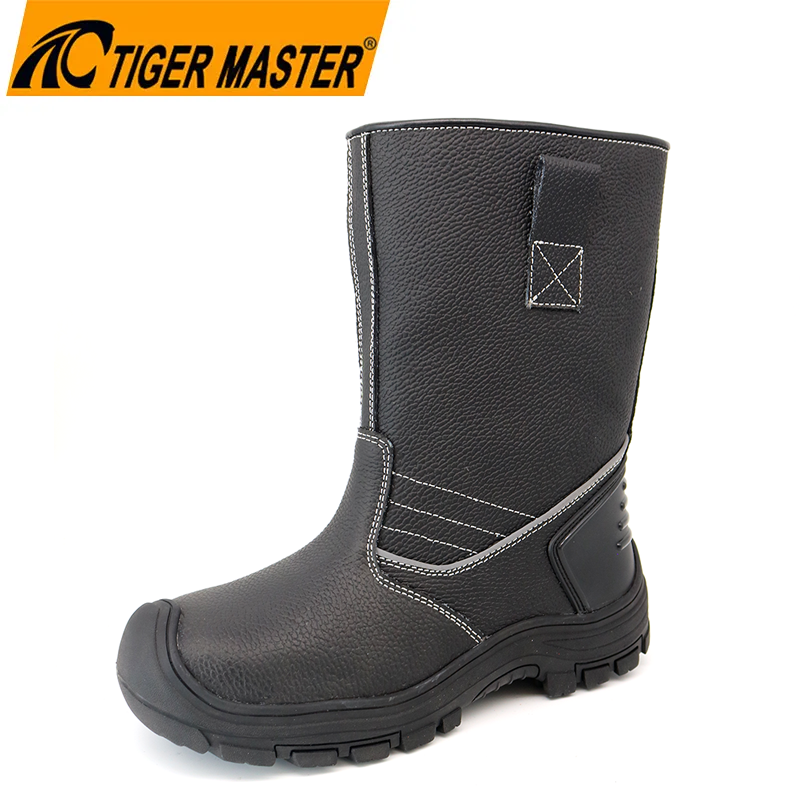 Black Leather Rubber Sole High Rigger Safety Shoes Boots
