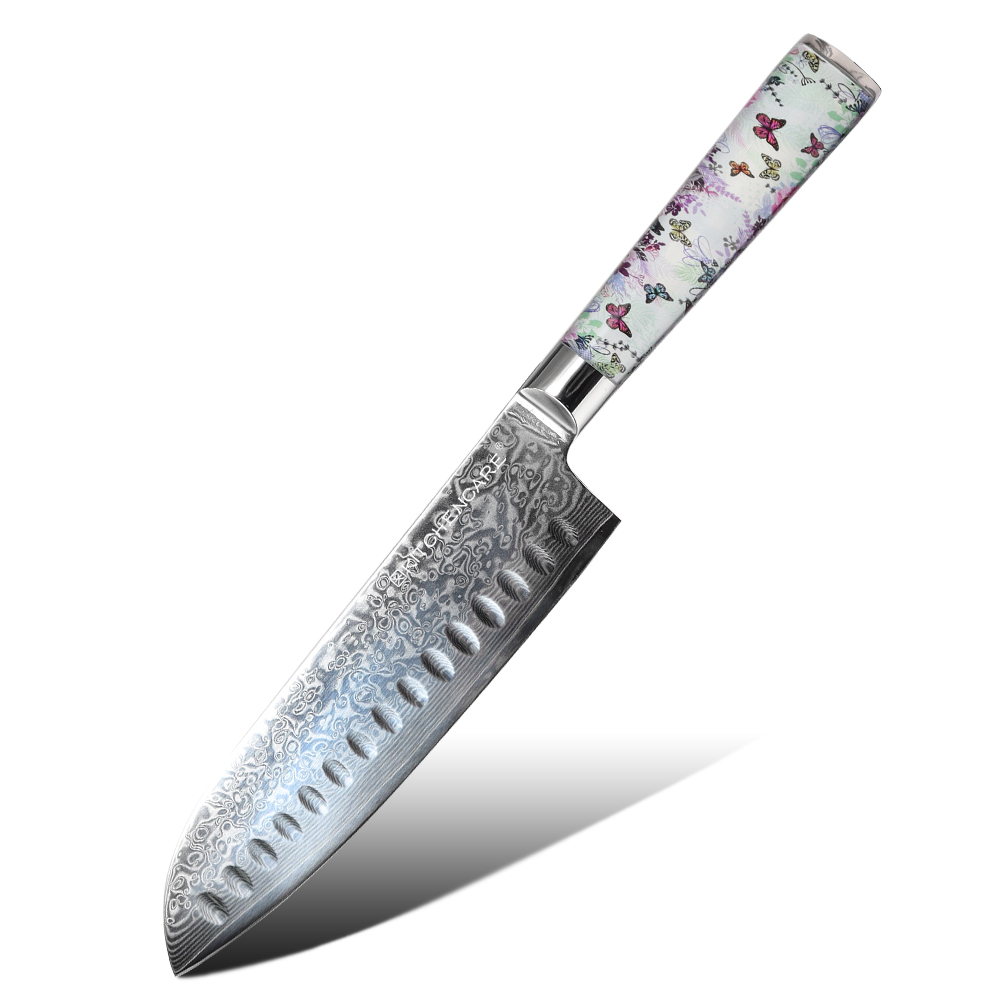 Hip-home Damascus steel kitchen knife professional acrylic handle 7inch santoku knife