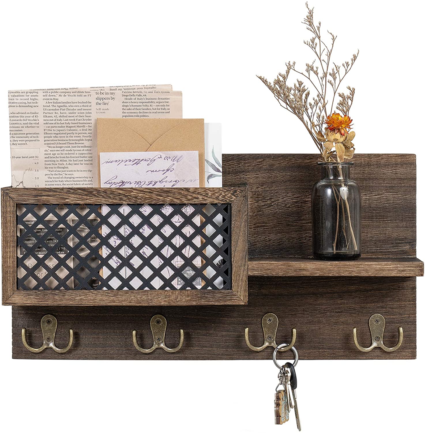 Wall Mounted Mail Holder Wooden Mail and Key Organizer with 4 Double Hooks Entryway Decorative Shelf