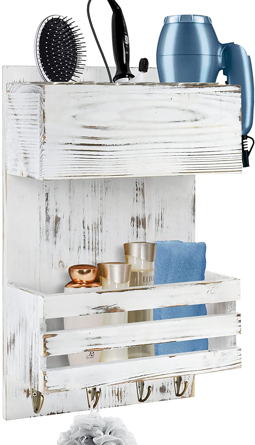 Wood Hair Dryer Holder Wall Mount, Bathroom Hair Care and Styling Tool Organizer
