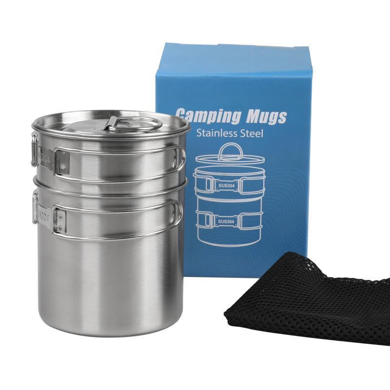 Outdoor Camping Stainless Steel 2-piece Cup Set With Folding Handle