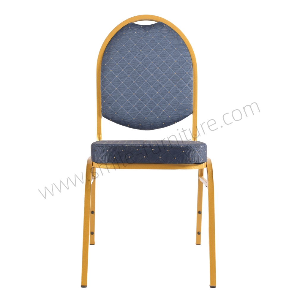 Cheap Wholesale Banquet Chair Blue Fabric Gold Metal Frame Stackable Hotel Party Event Dining Chair