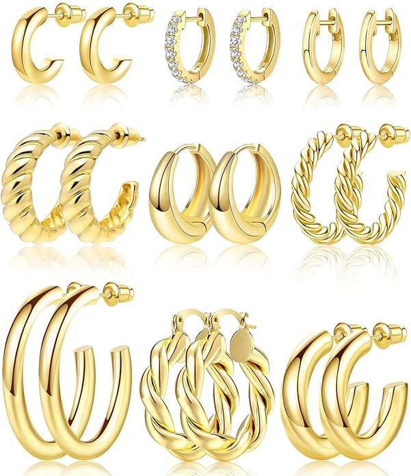 Amie Golden Hoop Earring Sets - 14K, 18K, Gold-Plated Gifts for Girls - Lightweight