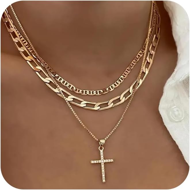 Amie Women's Cross Necklace, Stackable Layered Necklace, Delicate Gold Necklace, Simple Jewelry