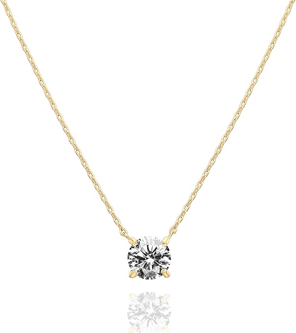 Amie 14K Gold-Plated Crystal Solitaire 1.5 Carat Cubic Zirconia Dainty Choker Necklace for Women