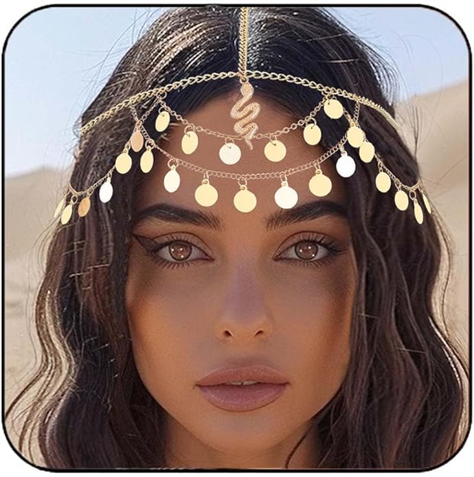 Amie Reaky Gold Sequin Head Chain Snake Hair Chain Egyptian Headpiece for Women