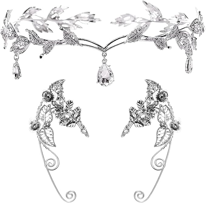 Amie Silver Elf Crown Elf Earrings Halloween Carnival Cosplay Costumes