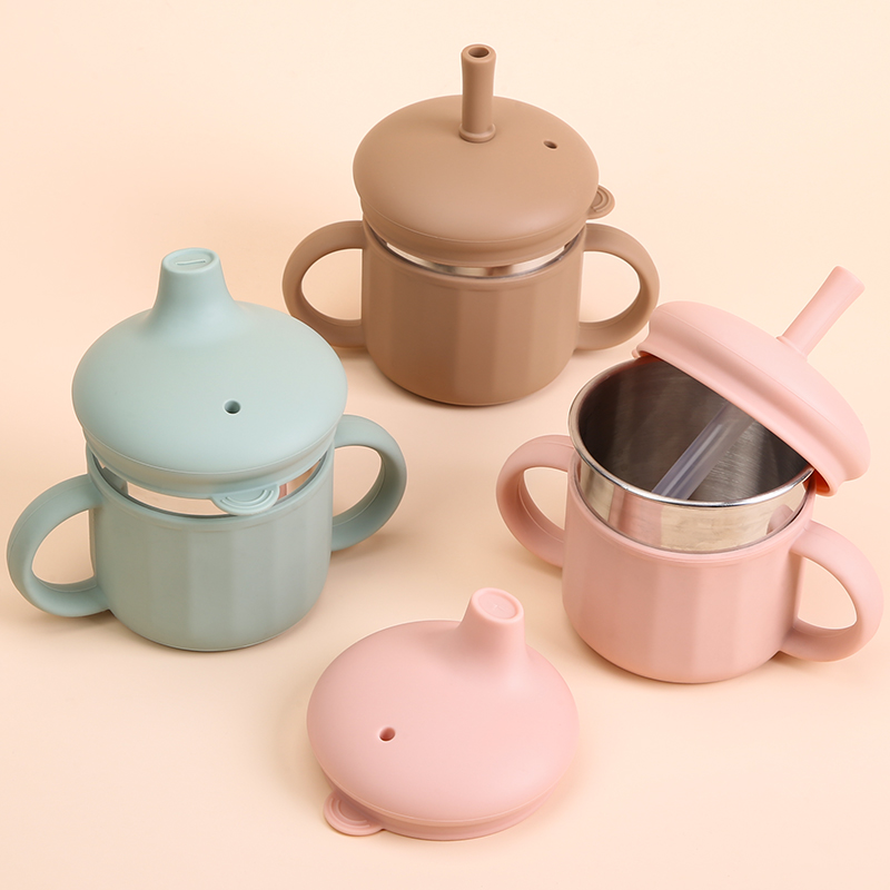New Arrival 304 Stainless Steel Baby Holder Straw Training Cup Soft Anti Fall Silicone Sippy Cup