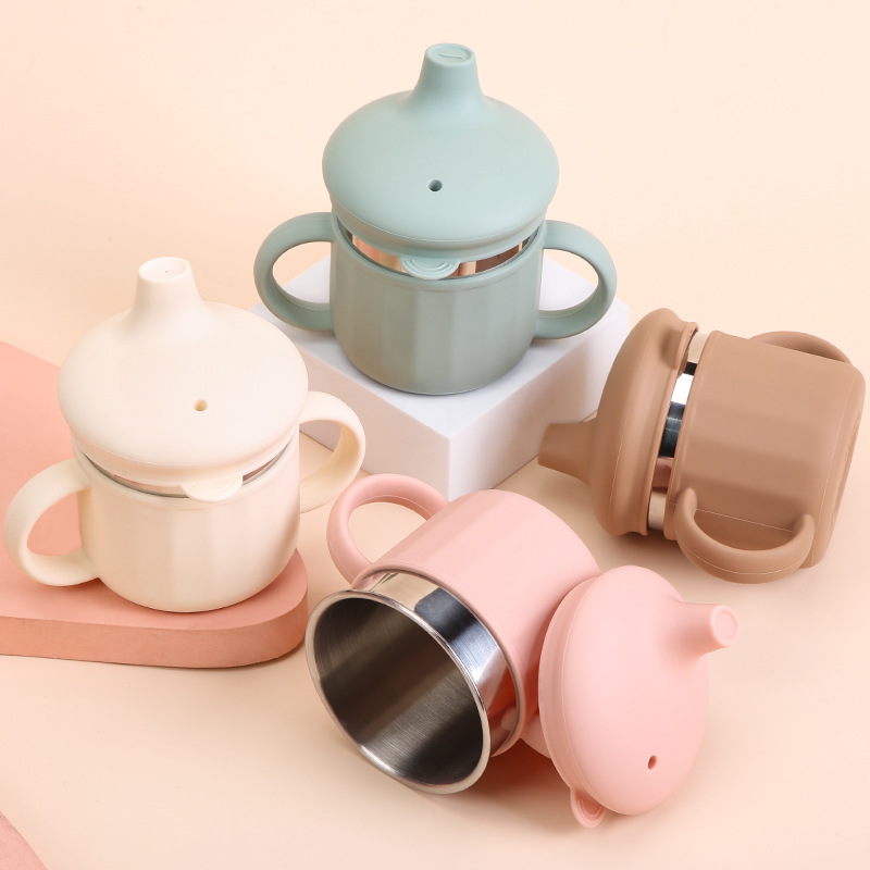 New Arrival 304 Stainless Steel Baby Holder Straw Training Cup Soft Anti Fall Silicone Sippy Cup