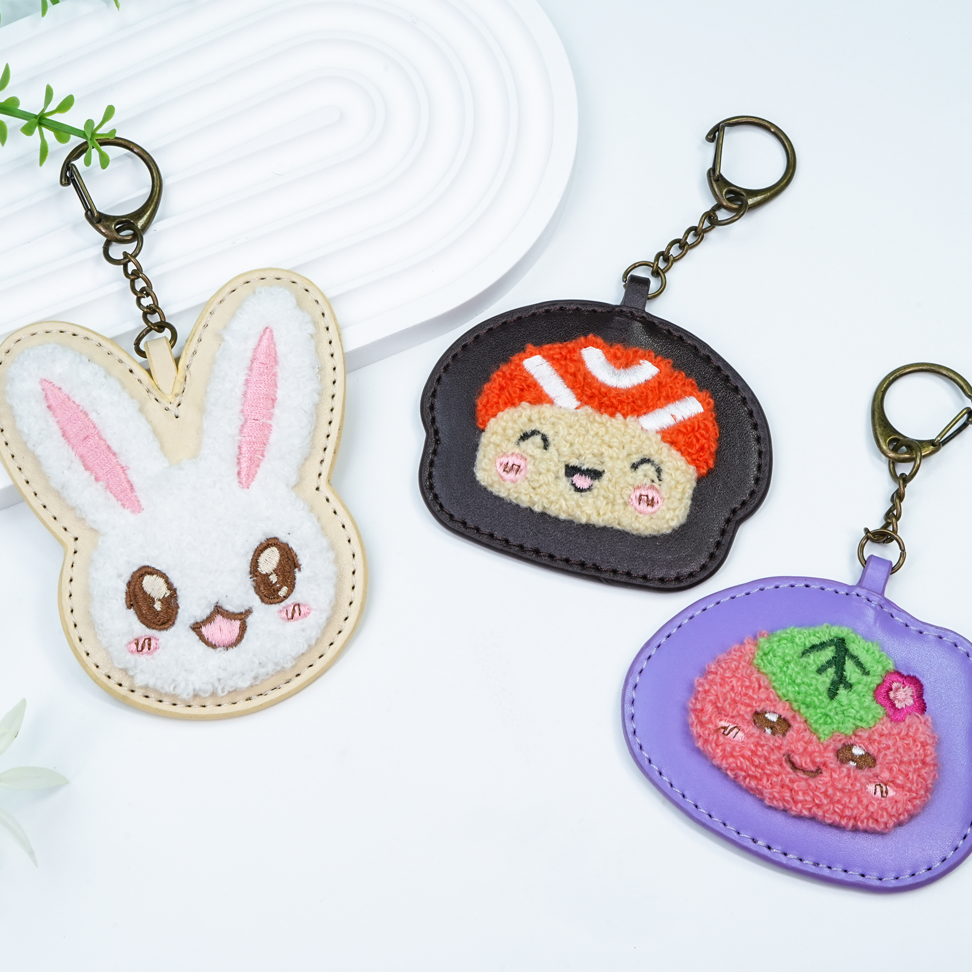 Custom Chenille Leather Keychain Cute Cartoon Embroidery Keyring