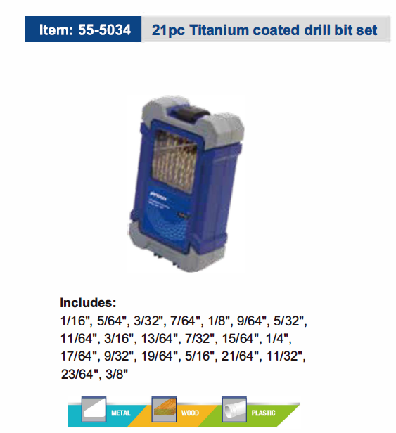 21 pc Titanium coated drill bit set