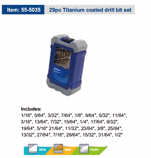 29pc Titanium coated drill bit set