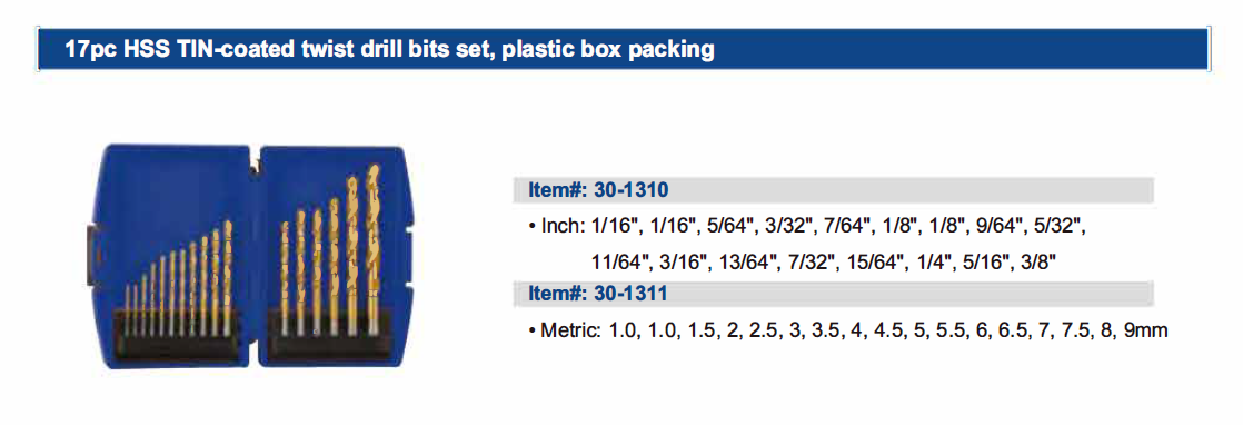 17pc HSS TlN-coated twist drill bits set, plastic box packing