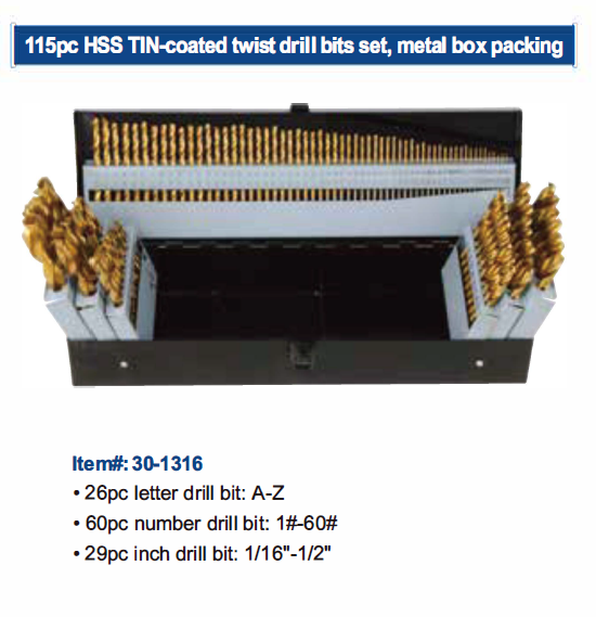 115pc HSS TIN-coated twist drill bits set, metal box packing