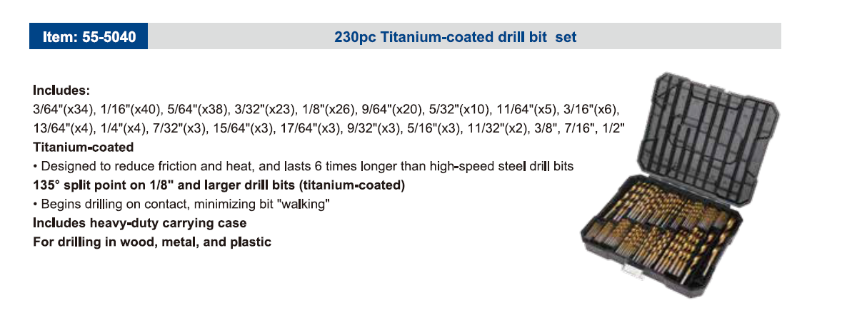 230pc Titanium-coated drill bit set