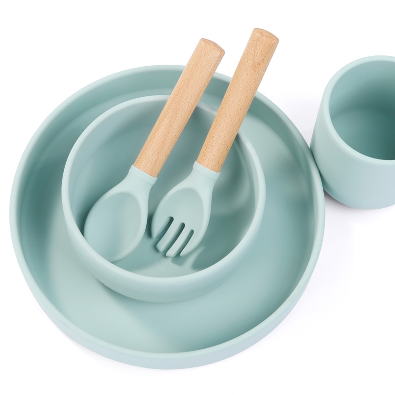 Kids Soft Safe Long Handle 2 Packs Feeding Spoon Set Wooden Baby Silicone Fork Spoon for Training