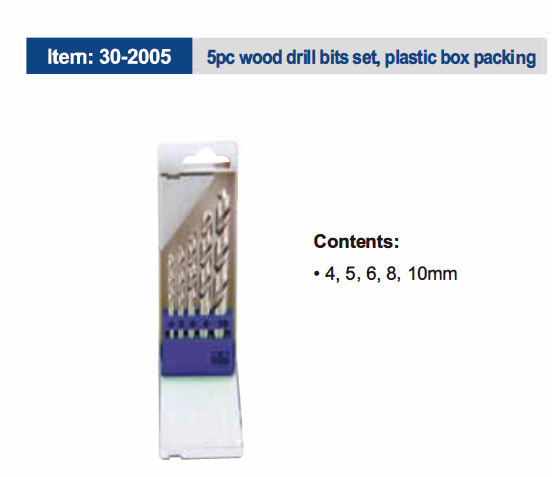 5pc wood drill bits set, plastic box packing