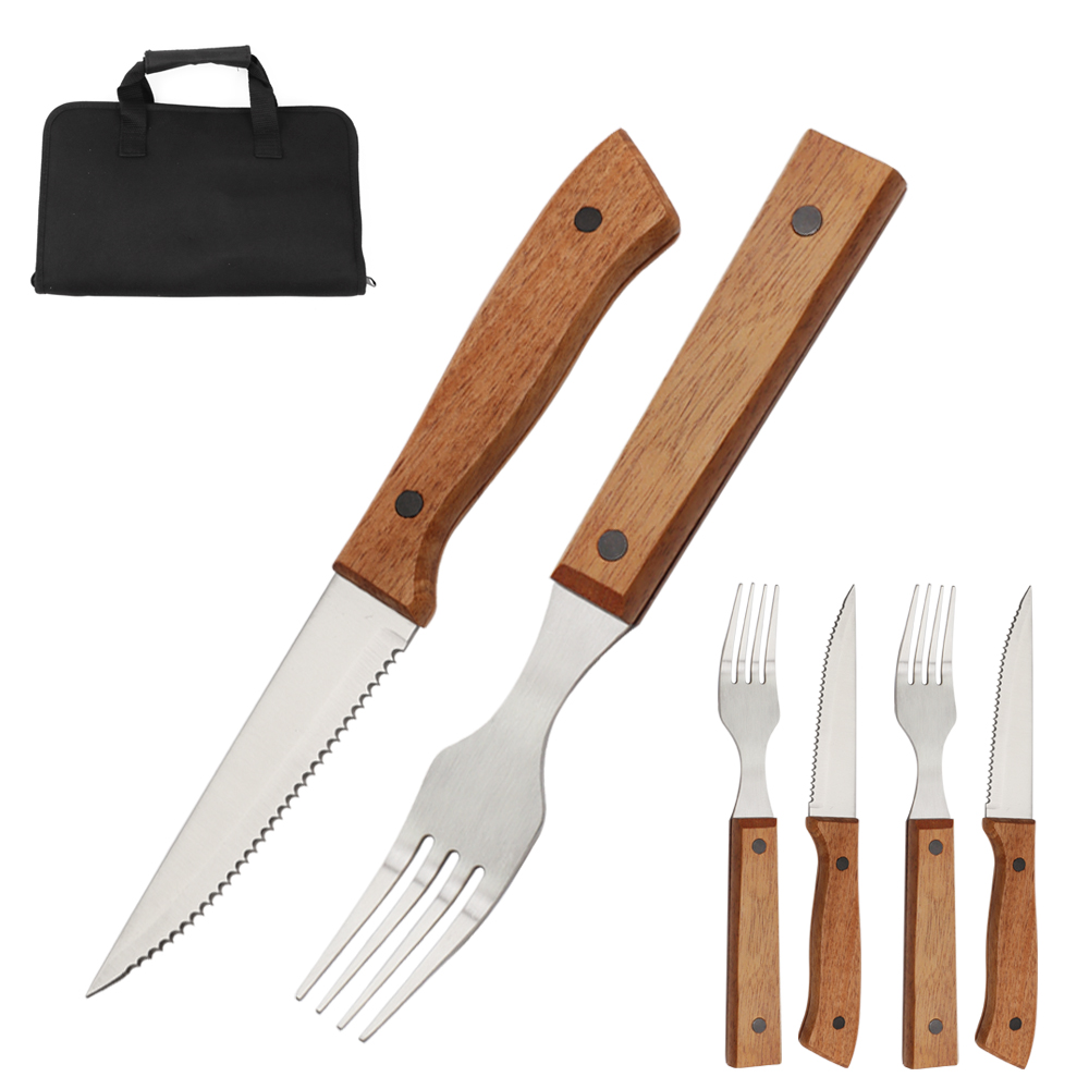 Hip-home 2025 stainless steel kitchen knife acacia wood 6pcs steak knives and forks set in carry bag