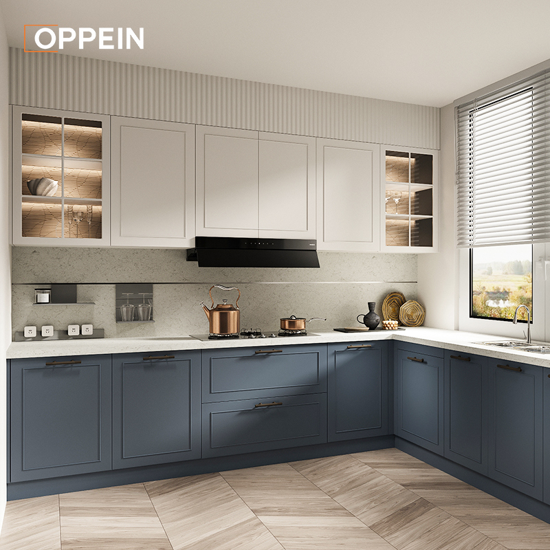 Modern White and Blue Contemporary Design PVC Shaker Kitchen Cabinets