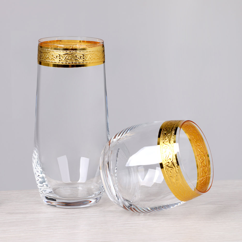 Luxury No Lead Crystal Art Deco Edge Gold Rimmed Glass champagne Flutes Wine Glasses Stemless