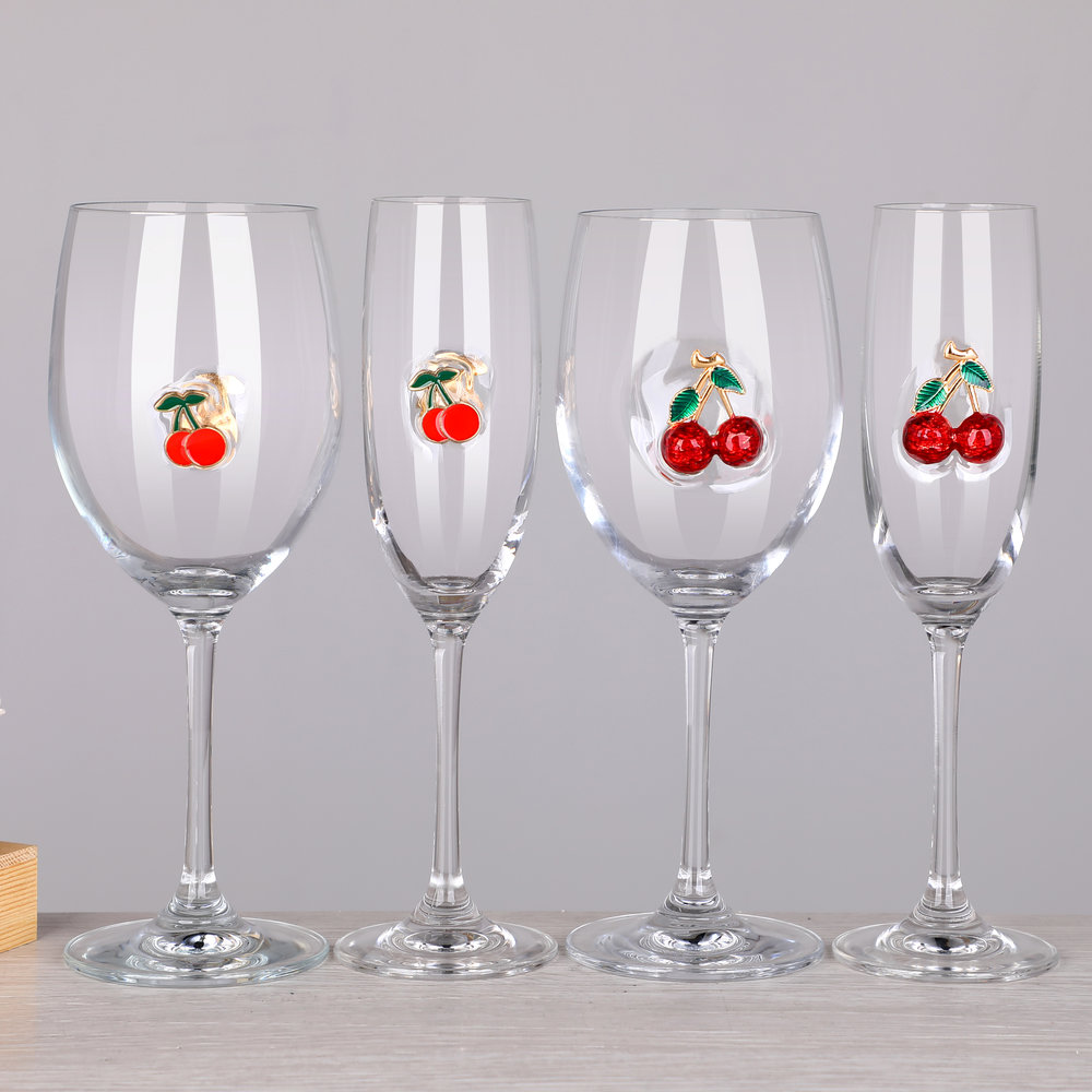 Metallic Affixed 3D Decorative Enamel Emblem Icon Attached Wine Flute Rocks Highball Collins Glass