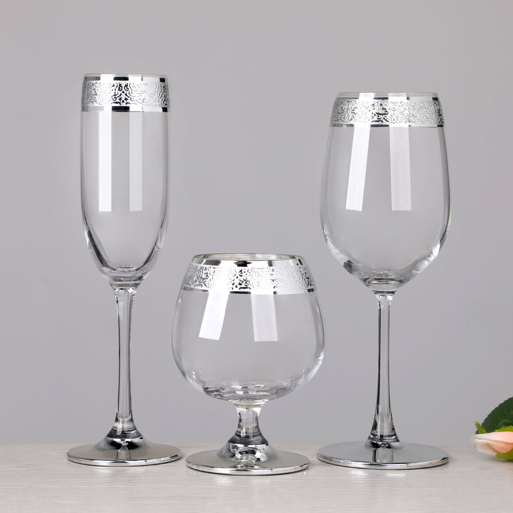 Silver Trim Platinum Rim Lead Free Crystal Champagne Flute Brandy Snifter Fashioned Wine Gla