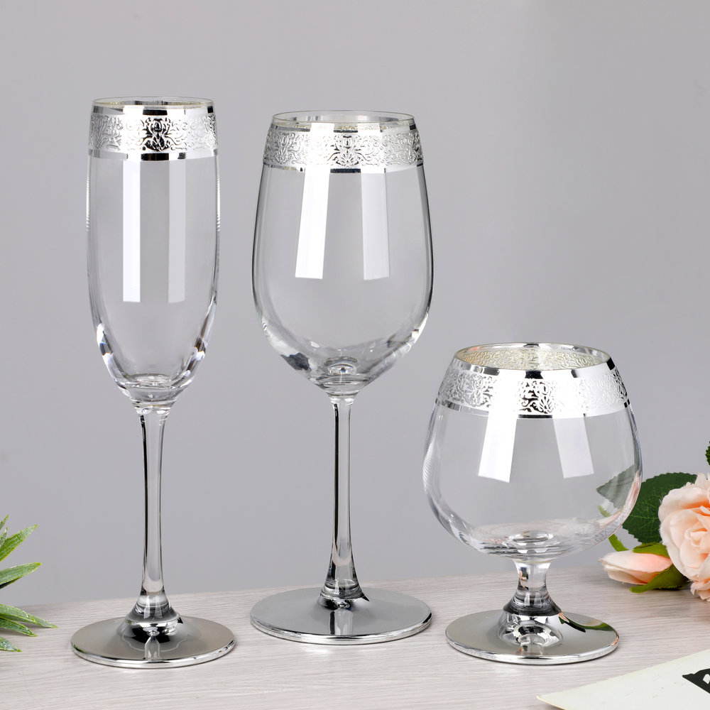 Luxury Silver Band Rim Greek Key Design Champagne Flute Highball Wine Glass Drinkware Set Home Bar