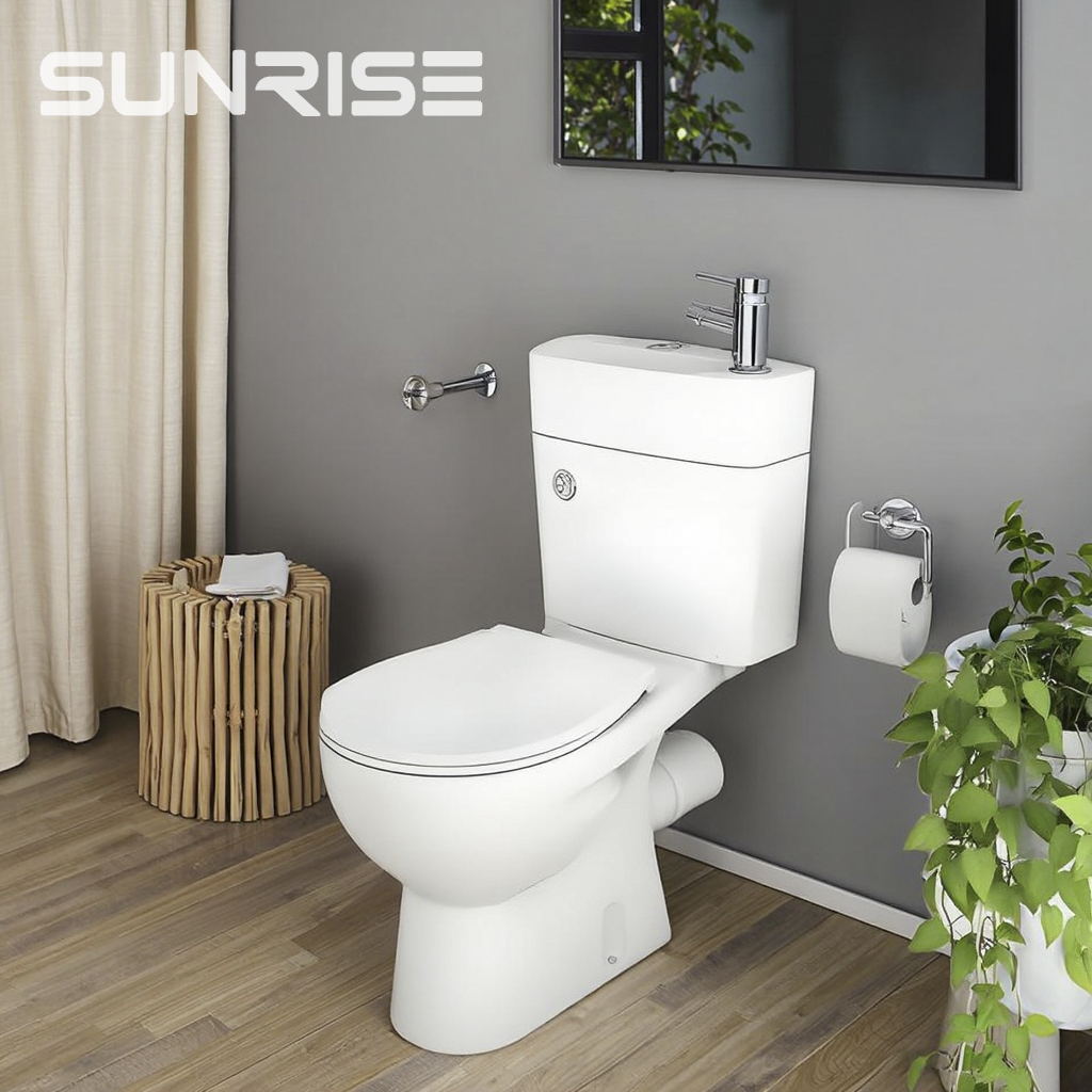 Box rim open back close coupled toilet