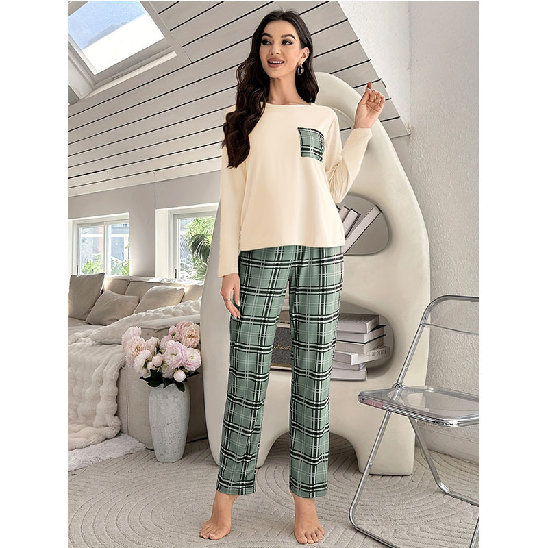 Casual and thin plaid long sleeves long belt plaid pocket home clothes pajamas