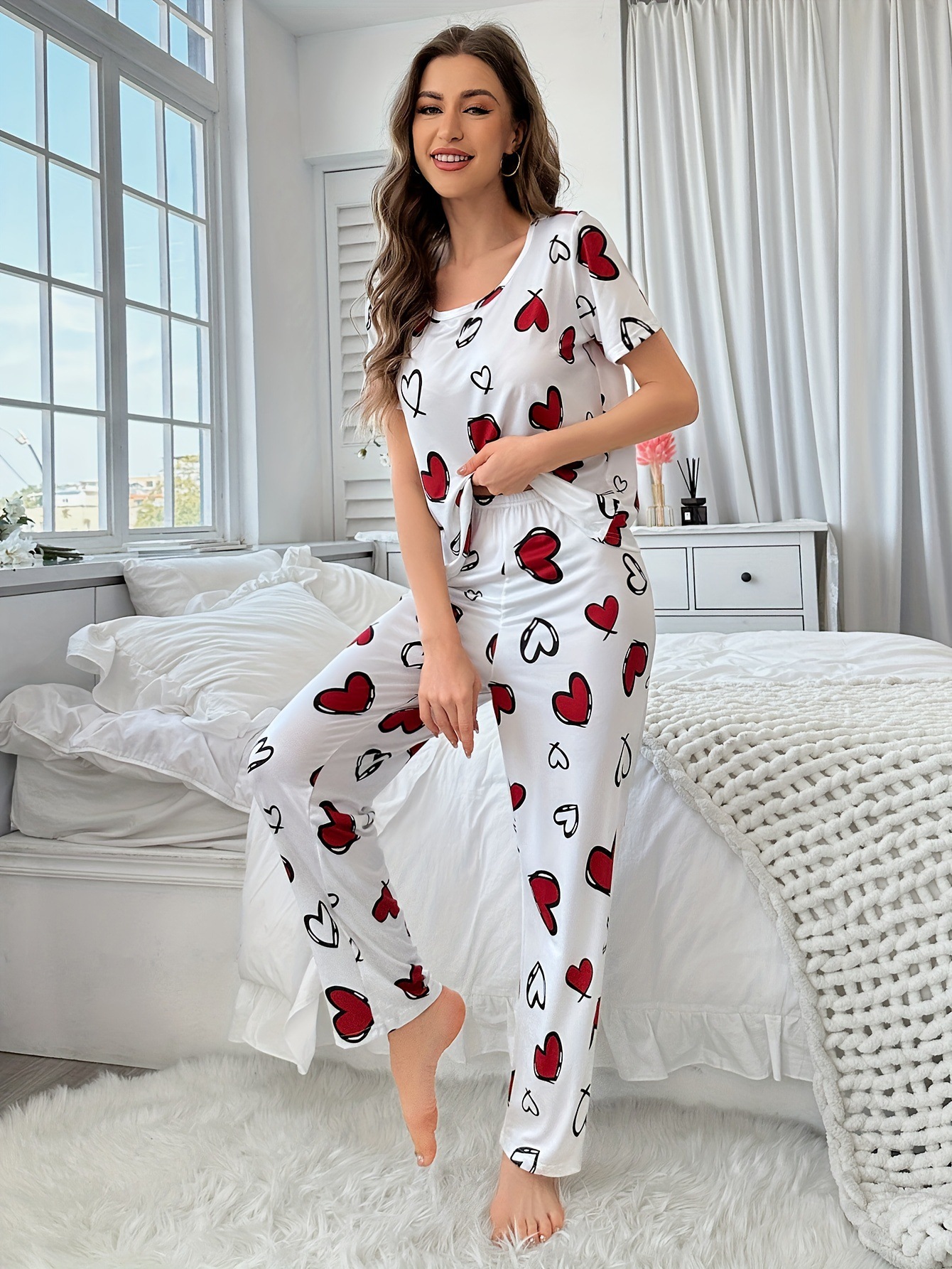 Summer milk silk short-sleeved trousers comfortable love printed home clothes set pajamas women