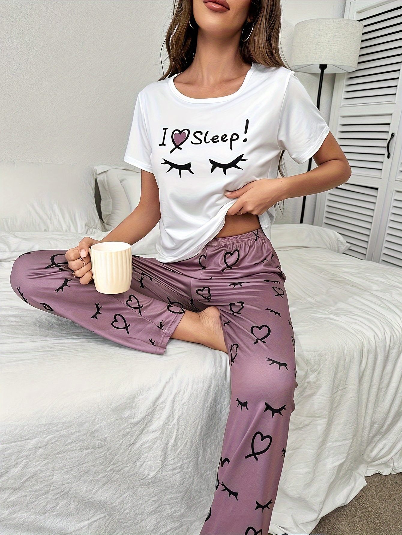 Love eyelash printing home clothes casual pullover short-sleeved trousers set