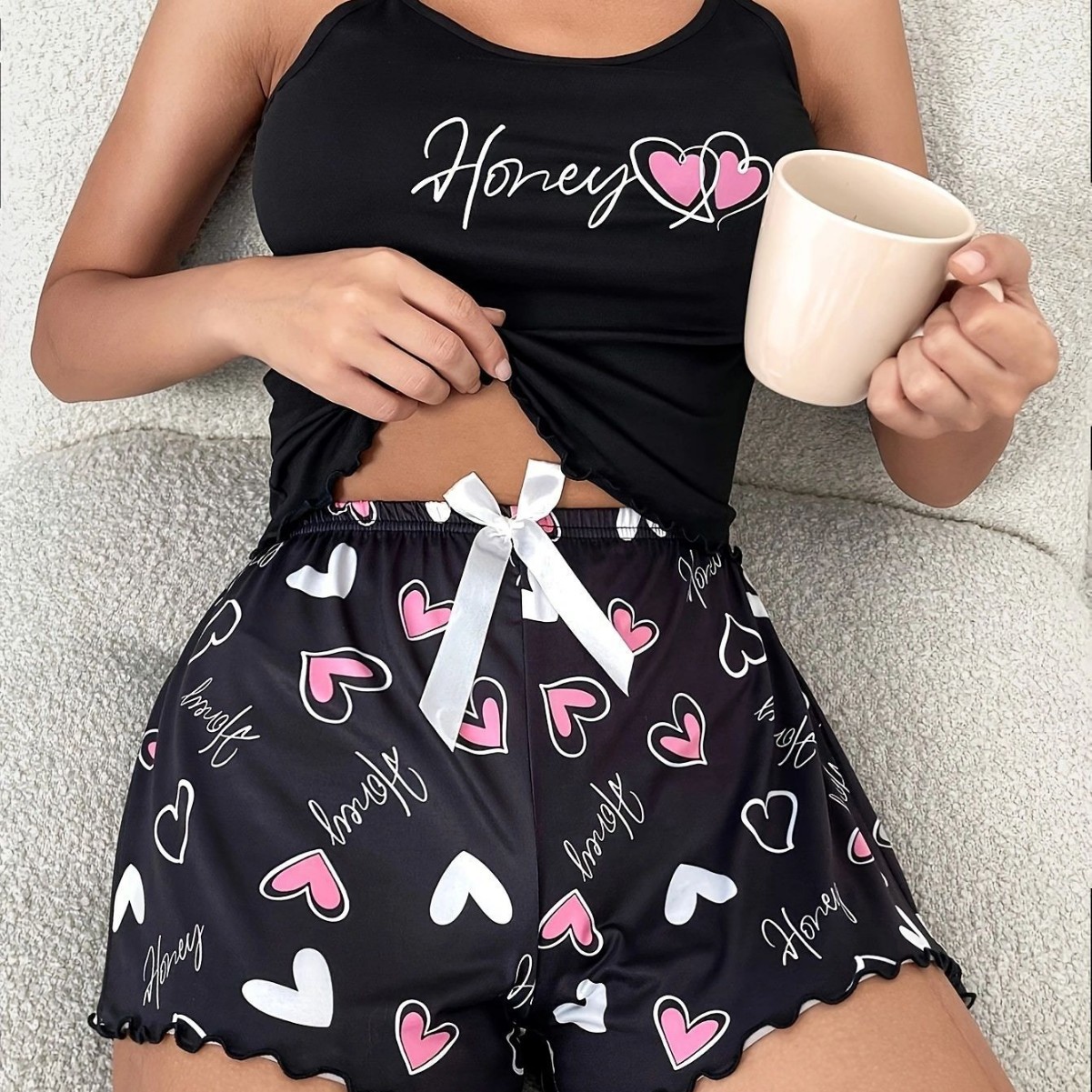 Love sexy suspender home clothes pajamas love printed pajamas set