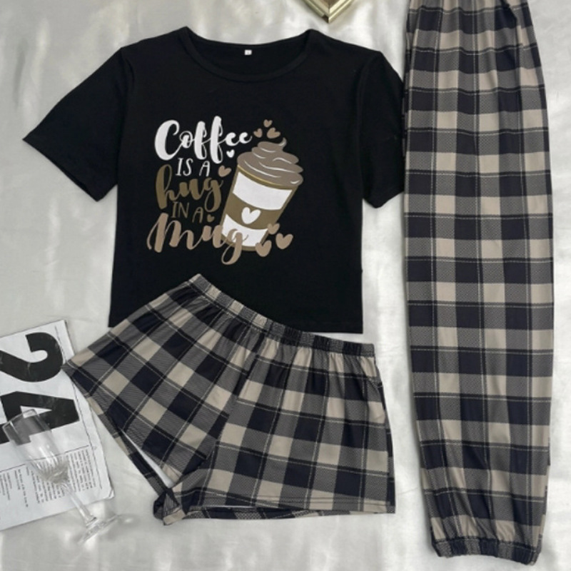 Cartoon plaid shorts trousers milk silk home clothes thin pajamas women's three-piece suit