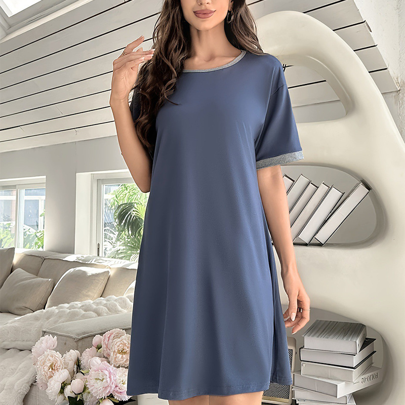 Blue spliced ​​European and American style milk silk home clothes nightgown dress pajamas women
