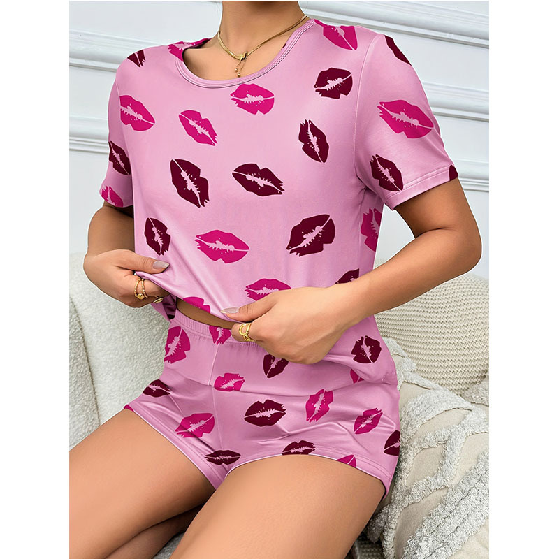 Pink summer thin comfortable lips printed shorts shorts home clothes ladies pajamas two-piece set