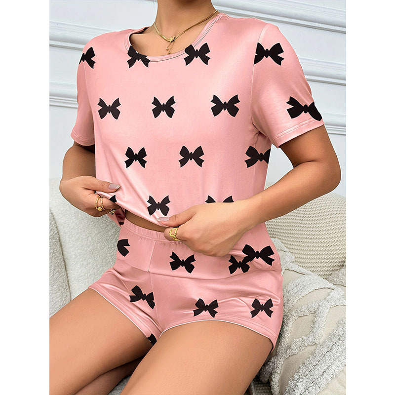 Bow printed short sleeve shorts sweet pajamas women's casual loose home clothes two-piece set