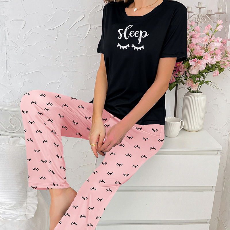 Women's home clothes, milk silk-printed letters, short-sleeved trousers, ladies pajamas set