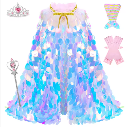 Mermaid Cape Christmas Halloween Party Shiny Cape Cosplay Princess Cloak for Kids