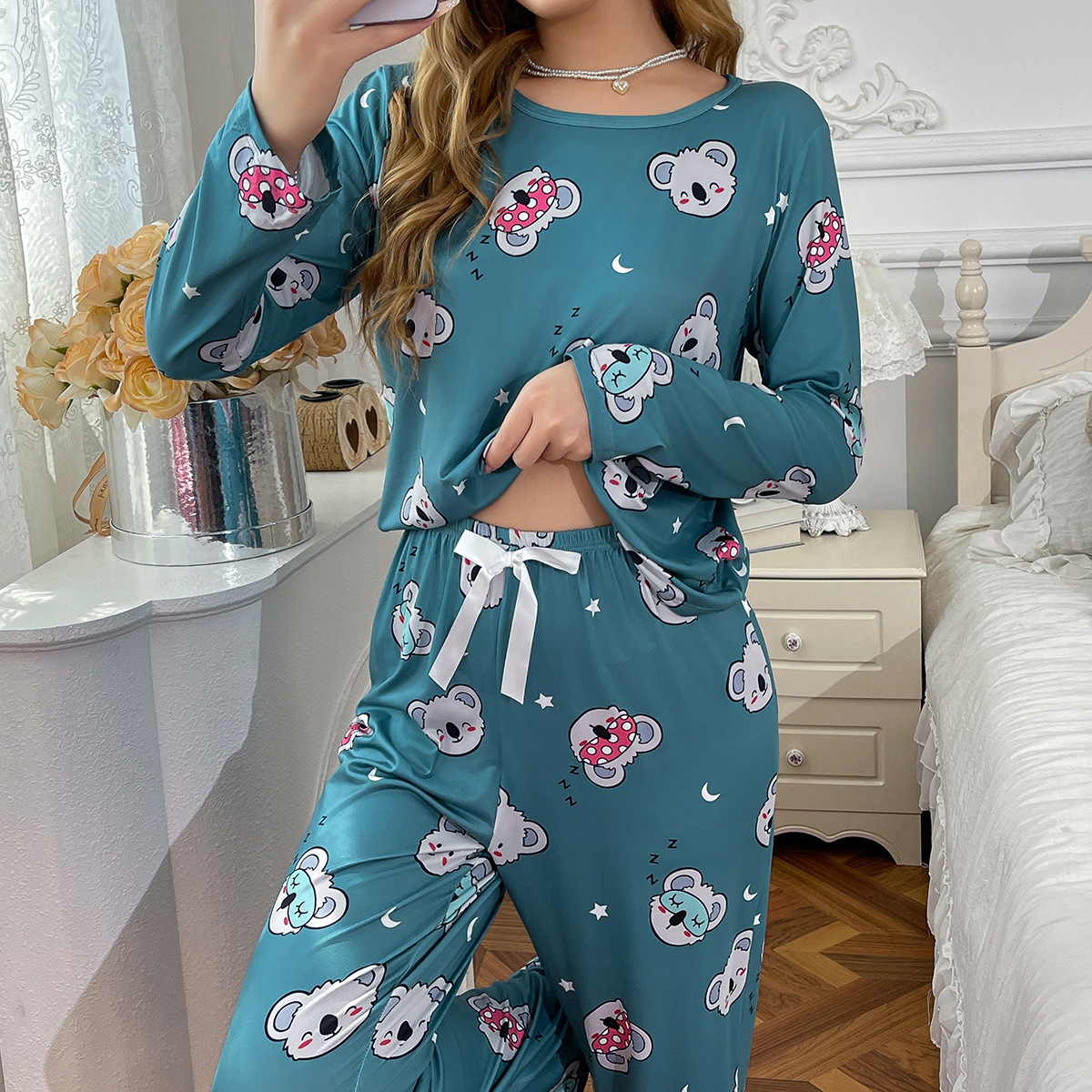 Cartoon printed pajamas comfortable elastic home clothes round neck pullover long sleeve suit