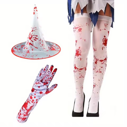 Bloody Over Knee High Stockings & Full Finger Gloves Arm Warmer for Halloween Costume Cosplay Partie