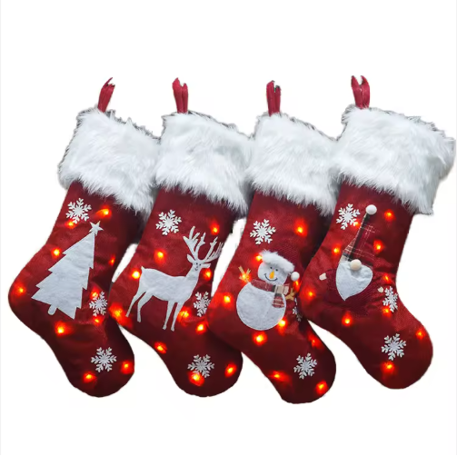 Customizable LED Velvet Christmas Stocking with Elf Reindeer Snowman Embroidery Plush Party Favors