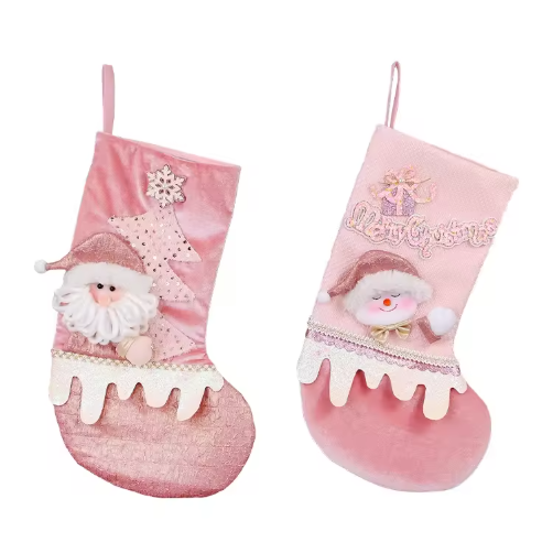 Handmade Pink Plush Santa Snowman Xmas Stocking Pair Luxury Indoor Holiday Supplies