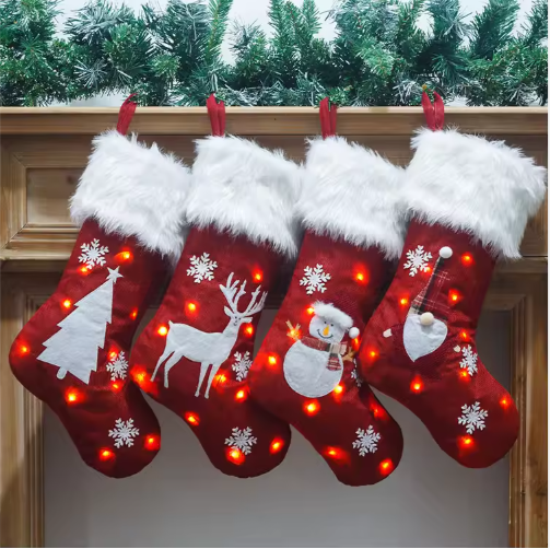 LED Velvet Christmas Stocking Customizable Elf Reindeer Snowman Embroidered Plush Party Favors